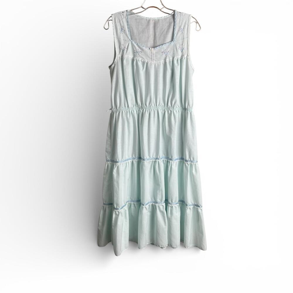 Vintage Light Blue Embroidered Sleeveless Tiered Dress